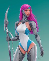Rule 34 | 1girl, blue eyes, blue headband, breasts, commentary, cowboy shot, cyborg, dark-skinned female, dark skin, gluteal fold, green background, headband, highres, holding, holding polearm, holding weapon, large breasts, mechanical arms, original, pink hair, polearm, profile, signature, solo, spear, two-tone leotard, weapon, will jack