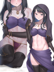 Rule 34 | 1girl, bare shoulders, black gloves, black hair, black thighhighs, blue eyes, blush, bracelet, breasts, cleavage, cowboy shot, elbow gloves, gloves, highres, idolmaster, idolmaster shiny colors, jewelry, kazano hiori, large breasts, long hair, looking at viewer, multiple views, navel, necklace, parted lips, purple headwear, shougun (chuckni1), simple background, smile, thighhighs, thighs, white background