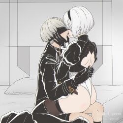 Rule 34 | 1boy, 1girl, ass, bed, black blindfold, black collar, black gloves, black hairband, black jacket, black shorts, blindfold, boots, collar, commentary, french kiss, gloves, grey hair, hairband, hetero, highres, jacket, juliet sleeves, kiss, leotard, long sleeves, nier:automata, nier (series), pillow, puffy sleeves, shirl geem, shorts, sitting, sitting on lap, sitting on person, skirt, unworn skirt, symbol-only commentary, thigh boots, thong leotard, twitter username, watermark, 2b (nier:automata), 9s (nier:automata)