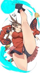 Rule 34 | 1girl, 2020, black panties, boots, breasts, brown eyes, brown hair, china dress, chinese clothes, dated, detached sleeves, dress, from below, groin tendon, guilty gear, hair intakes, hands up, high heel boots, high heels, high kick, highres, kicking, kneepits, kuma (jk0073), kuradoberi jam, large breasts, long hair, open mouth, panties, red dress, red footwear, signature, simple background, solo, split, standing, standing on one leg, standing split, thick thighs, thighs, underwear, v-shaped eyebrows, very long hair, white background