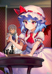 Rule 34 | 2girls, ainy, ascot, bat wings, blue hair, board game, bow, braid, chess, closed eyes, closed mouth, commentary request, green bow, grey hair, hair bow, hat, highres, indoors, izayoi sakuya, maid, maid headdress, mob cap, multiple girls, puffy short sleeves, puffy sleeves, red ascot, red eyes, remilia scarlet, short hair, short sleeves, skirt, table, touhou, twin braids, wavy mouth, white headwear, white skirt, wings