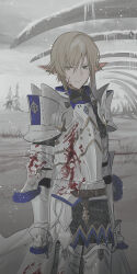 Rule 34 | 1boy, absurdres, armor, blonde hair, blood, blood on armor, breastplate, chainmail, chihuri, closed mouth, commentary request, ear piercing, final fantasy, final fantasy xiv, gauntlets, green eyes, hair over one eye, highres, looking at viewer, male focus, outdoors, pauldrons, piercing, pointy ears, shoulder armor, snow, snowing, solo, standing, tree, zephirin de valhourdin