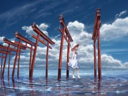 Rule 34 | 1girl, absurdres, arms behind back, barefoot, blonde hair, blue eyes, cloud, copyright request, day, dress, full body, highres, indie utaite, light smile, long hair, multiple torii, outdoors, reflection, ripples, shijohane, solo, standing, sundress, torii, wading, walking, water world, wide shot