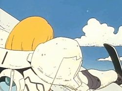 Rule 34 | 1980s (style), 1girl, angry, animated, animated gif, armor, battle, blonde hair, blue eyes, blue sky, cloud, damaged, dirty, dragon&#039;s heaven, energy, energy beam, energy cannon, firing, gunpod, ikuuru, long hair, looking back, lowres, machinery, moebius (style), muzzle, oldschool, outdoors, power armor, retro artstyle, science fiction, serious, sky, spikes, weapon