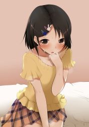 Rule 34 | 1girl, :o, bed sheet, black hair, blush, breath, rabbit hair ornament, cowboy shot, frilled shirt, frills, hair ornament, hairclip, hand on own thigh, hand to own mouth, highres, idolmaster, idolmaster cinderella girls, looking at viewer, looking up, nokifinal, plaid, plaid skirt, pleated sleeves, sasaki chie, see-through silhouette, shirt, short hair, short sleeves, sitting, skirt, solo, sweat, sweatdrop, thighs