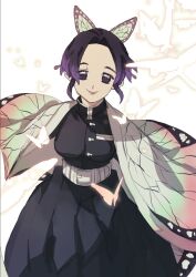 Rule 34 | 1girl, animal print, belt, belt buckle, black dress, buckle, bug, butterfly, butterfly hair ornament, butterfly print, buttons, closed mouth, collared dress, commentary request, cowboy shot, demon slayer uniform, dress, hair ornament, haori, higashino, highres, insect, jacket, japanese clothes, kimetsu no yaiba, kochou shinobu, long sleeves, looking at viewer, open clothes, open jacket, pink lips, pocket, purple eyes, purple hair, short hair, simple background, sleeves past fingers, sleeves past wrists, smile, solo, white background, white belt, white butterfly, white jacket, white sleeves, wide sleeves