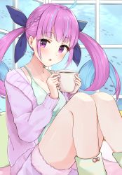 Rule 34 | 1girl, :o, absurdres, ahoge, aqua hair, black ribbon, blush, braid, camisole, collarbone, colored inner hair, commentary request, cup, fish, french braid, fur trim, green shirt, green socks, hair ribbon, hands up, highres, holding, holding cup, hololive, hot chocolate, indoors, jacket, knees up, long hair, long sleeves, looking at viewer, minato aqua, multicolored hair, open clothes, open jacket, parted lips, pink jacket, pink shorts, purple eyes, purple hair, racchi., ribbon, school of fish, shirt, short shorts, shorts, sidelocks, sitting, sleeveless, sleeveless shirt, socks, solo, streaked hair, striped clothes, striped socks, thighs, twintails, virtual youtuber, water, window