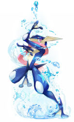 Rule 34 | arm up, bright pupils, closed mouth, commentary request, creatures (company), full body, game freak, gen 6 pokemon, greninja, highres, leg up, mikami, nintendo, pokemon, pokemon (creature), purple eyes, shuriken, solo, standing, standing on one leg, tongue, water, water drop, weapon, white pupils