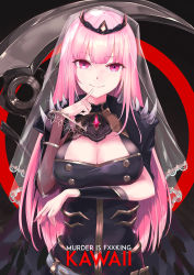 Rule 34 | 1girl, black dress, breasts, cleavage, death (entity), detached sleeves, dress, grim reaper, highres, hololive, hololive english, kie (yospcd), large breasts, long hair, looking at viewer, mori calliope, mori calliope (1st costume), pink eyes, pink hair, scythe, smile, solo, tiara, veil, virtual youtuber
