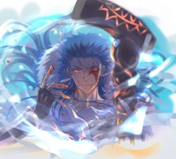 Rule 34 | 1boy, blood, blood on face, blue hair, bracelet, capelet, cu chulainn (caster) (fate), cu chulainn (fate), earrings, eye injury, fate/grand order, fate (series), floating hair, fur-trimmed hood, fur trim, grin, highres, hood, hooded capelet, injury, jewelry, long hair, looking at viewer, male focus, one eye closed, red eyes, slit pupils, smile, solo, spiked hair, staff, wooden staff, zuif d