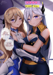 Rule 34 | 2girls, armor, bare shoulders, bianka durandal ataegina, bianka durandal ataegina (bright knight: excelsis), blonde hair, blush, breasts, cecilia schariac, cleavage, commentary, english commentary, english text, gameplay mechanics, gloves, hair ornament, honkai (series), honkai impact 3rd, long hair, multiple girls, purple eyes, sheita, shorts, signature, silver hair, smile