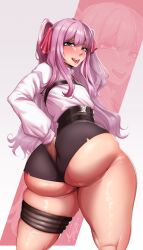 Rule 34 | 1girl, anguriask, artist name, ass, ass grab, belt, between buttocks, blush, flat chest, from behind, goddess of victory: nikke, grabbing own ass, hand on own ass, highres, huge ass, long hair, long sleeves, looking at viewer, looking back, purple eyes, purple hair, shiny skin, short shorts, shorts, solo, thick thighs, thigh strap, thighs, tongue, tongue out, twintails, wedgie, wide hips, yuni (nikke), zoom layer