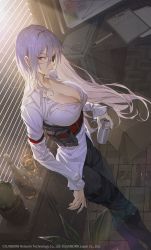 Rule 34 | 1girl, absurdres, alcohol, black pants, breasts, can, chest belt, cleavage, closed mouth, collarbone, commentary request, copyright name, cup, curtains, desk, evelyn (neural cloud), eyepatch, from above, girls&#039; frontline neural cloud, grey hair, highres, holding, holding can, hxxg, indoors, large breasts, long hair, long sleeves, looking away, monitor, official art, open collar, pants, plant, red eyes, shirt, solo, standing, stylus, thighlet, white shirt
