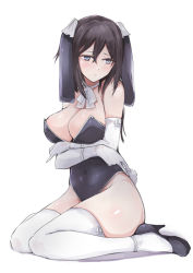 Rule 34 | 1girl, black hair, blue eyes, breast hold, breasts, covered navel, elbow gloves, full body, gloves, hair between eyes, hair ribbon, large breasts, leotard, original, playboy bunny, rabbit tail, ribbon, simple background, sitting, solo, tail, thighhighs, wariza, white background, white gloves, white ribbon, white thighhighs, yukiguni yuu