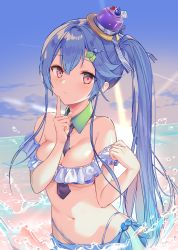 Rule 34 | 1girl, bare arms, bare shoulders, between breasts, bikini, blue bikini, blue hair, blue sky, blush, breasts, cleavage, closed mouth, cloud, collarbone, commentary request, cona kinaco, day, detached collar, frilled bikini, frills, gradient sky, hair ornament, hairclip, hands up, hat, highleg, highleg bikini, highres, horizon, index finger raised, long hair, looking at viewer, medium breasts, mini hat, navel, necktie, necktie between breasts, ocean, off-shoulder bikini, off shoulder, original, outdoors, pink eyes, purple necktie, side ponytail, sidelocks, sky, solo, stomach, swimsuit, tilted headwear, upper body, very long hair, water, wing collar