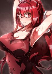Rule 34 | 1girl, absurdres, alear (female) (fire emblem), alear (fire emblem), arms behind back, braid, breasts, cleavage, covered navel, fire emblem, fire emblem engage, glasses, highres, large breasts, long hair, navel, nintendo, official alternate hair color, official alternate hairstyle, red eyes, red hair, solo, sweat, to (tototo tk), towel, upper body, very long hair