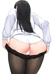 Rule 34 | 1girl, anti (0324), ass, black hair, black pantyhose, clothes pull, cowboy shot, from behind, leaning forward, long hair, long sleeves, original, panties, pantyhose, pantyhose pull, partially visible vulva, shirt, simple background, solo, thighs, underwear, undressing, white background, white panties, white shirt