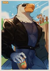 Rule 34 | 2boys, absurdres, animal crossing, apollo (animal crossing), bara, bare pectorals, beak, bird boy, black feathers, border, can, character request, check character, cowboy shot, daga (hexedcoin), feathers, fence, furry, furry male, grey border, highres, holding, holding can, jacket, leather, leather jacket, male focus, multiple boys, muscular, muscular male, naked jacket, nintendo, pectorals, rowan (animal crossing), signature, sky, solo focus, sparkling aura, sunglasses, three quarter view, tiger boy, v-taper, waving arm, white feathers, wooden fence