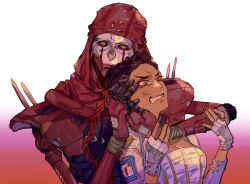 Rule 34 | 1boy, 1girl, anger vein, animification, annoyed, apex legends, bandana, black sclera, breasts, brown eyes, classic revenant, cleavage, clenched teeth, colored sclera, corset, fingerless gloves, gloves, hair behind ear, holding another&#039;s head, humanoid robot, loba (apex legends), medium breasts, nail polish, red bandana, red nails, red scarf, revenant (apex legends), robot, scarf, science fiction, shourou kanna, simulacrum (titanfall), teeth, white gloves