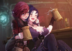 Rule 34 | 2girls, :d, arcane: league of legends, arcane caitlyn, arcane vi, arm up, artist name, bandaged arm, bandages, beer mug, blurry, blurry background, blush, bottle, breasts, brown pants, caitlyn (league of legends), character name, cleavage, collarbone, cup, indoors, jacket, jewelry, large breasts, league of legends, mitsu (mitsu art), mug, multiple girls, necklace, open mouth, pants, red hair, red jacket, short hair, sitting, smile, striped clothes, striped pants, teeth, upper teeth only, vi (league of legends), yuri