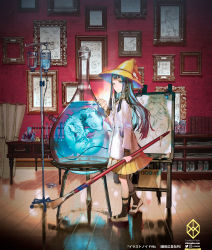 Rule 34 | 1girl, black hair, closed mouth, commentary request, crystal, dragon, fantasy, flask, green eyes, hat, highres, indoors, intravenous drip, jar, kiryuu tsukasa (citrocube), lab coat, long hair, long sleeves, looking at viewer, multicolored hair, original, paintbrush, painting (object), pleated skirt, red hair, scroll, shoes, skirt, socks, solo, standing, submerged, test tube, water, witch, witch hat, wooden floor