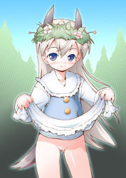 Rule 34 | 1girl, animal ears, blue eyes, blush, bocchi (botti mk2), clothes lift, collarbone, dress, dress lift, eila ilmatar juutilainen, extra ears, grey hair, head wreath, no panties, smile, solo, strike witches, tail, world witches series