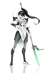 Rule 34 | 1girl, absurdres, aierlaobo, black hair, black pantyhose, brown eyes, capelet, eyeshadow, full body, green eyeshadow, green hair, hand on own hip, head tilt, highres, holding, holding polearm, holding weapon, makeup, multicolored hair, original, pantyhose, polearm, ponytail, reflection, shirt, simple background, solo, standing, streaked hair, weapon, white background, white footwear, white shirt