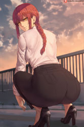 Rule 34 | 1girl, ass, braid, braided ponytail, breasts, chainsaw man, commentary, formal, high heels, highres, large breasts, long hair, looking at viewer, looking back, makima (chainsaw man), pants, railing, red hair, ringed eyes, shexyo, solo, squatting