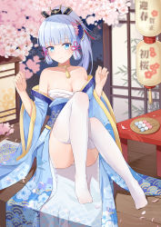 Rule 34 | 1girl, ayaka (genshin impact), blue eyes, blue hair, blue kimono, branch, breasts, cherry blossoms, cleavage, closed mouth, dango, food, full body, genshin impact, hair ornament, highres, japanese clothes, kimono, mole, mole under eye, panties, petals, plate, sarashi, smile, solo, table, thighhighs, underwear, wagashi, white panties, white thighhighs, yansuiyuluo