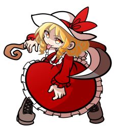 Rule 34 | 1girl, blonde hair, boots, closed mouth, cross-laced clothes, cross-laced footwear, curly hair, dress, drill hair, drill sidelocks, elly (touhou), frilled dress, frills, full body, hat, hat ribbon, holding, holding scythe, lace-up boots, long sleeves, looking at viewer, parody, puyopuyo, red dress, red ribbon, ribbon, scythe, shinmon akika, short hair, sidelocks, simple background, smile, solo, style parody, tongue, tongue out, touhou, touhou (pc-98), white background, white hat