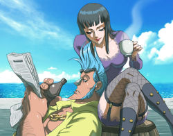 Rule 34 | 1boy, 1girl, barrel, black hair, black thighhighs, blue eyes, blue hair, blunt bangs, boots, bottle, breasts, brown eyes, chain necklace, cleavage, cloud, coffee mug, collarbone, convenient leg, crossed legs, cup, cyborg, day, dress, eyewear on head, fishnet thighhighs, fishnets, franky (one piece), frown, garter straps, jewelry, large breasts, lipstick, long hair, long sleeves, looking at another, makeup, mug, necklace, newspaper, nico robin, nika (nikasa an), ocean, one piece, open clothes, open shirt, patterned legwear, pompadour, purple dress, reading, shirt, sideburns, sitting, sitting on object, sky, steam, sunglasses, thighhighs, thriller bark