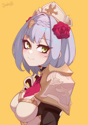 Rule 34 | 1girl, arm guards, armor, blunt bangs, blush, boobplate, braid, breastplate, breasts, cleavage, darahan, dress, flower, genshin impact, green eyes, grey hair, hair flower, hair ornament, half-closed eyes, looking at viewer, maid, maid headdress, noelle (genshin impact), signature, simple background, smile, solo, upper body, yellow background