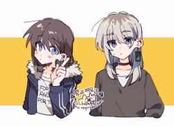 Rule 34 | 2girls, black choker, black sweater, blue eyes, blue jacket, blush, brown hair, choker, closed mouth, commentary, earrings, girls band cry, grey eyes, hand up, hashtag-only commentary, highres, index finger raised, iseri nina, jacket, jewelry, kawaragi momoka, light brown hair, long hair, looking at viewer, multicolored hair, multiple girls, open clothes, open jacket, pingke box, roots (hair), shirt, short twintails, sweatdrop, sweater, twintails, two-tone background, upper body, white background, white shirt, yellow background