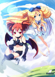 Rule 34 | 2girls, :q, angel, bat wings, blonde hair, blue eyes, boots, bow, choker, demon girl, demon wings, detached sleeves, disgaea, earrings, elbow gloves, etna (disgaea), flonne, gloves, hair bow, highres, jewelry, kabigon, long hair, multiple girls, petals, pointy ears, red eyes, red hair, short hair, short shorts, short twintails, shorts, slit pupils, smile, tongue, tongue out, twintails, wings