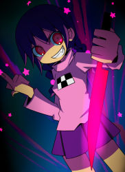 Rule 34 | 1girl, braid, grin, holding, holding knife, knife, madotsuki, messier number, middle finger, pink shirt, purple hair, purple skirt, red eyes, shirt, skirt, smile, solo, star (symbol), twin braids, weapon, yume nikki