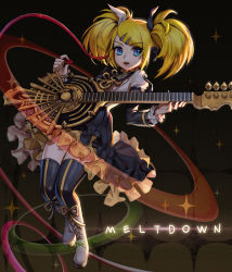 Rule 34 | 1girl, absurdres, bad id, bad pixiv id, black bow, black sleeves, black thighhighs, blonde hair, blue eyes, boots, bow, copyright name, detached sleeves, frilled sleeves, frills, full body, hair bow, hair ornament, highres, holding, holding instrument, hyoin, instrument, kagamine rin, layered skirt, long hair, long sleeves, looking at viewer, miniskirt, multicolored clothes, multicolored skirt, open mouth, ribbon, roshin yuukai (vocaloid), short sleeves, skirt, solo, sweatdrop, swept bangs, thighhighs, twintails, vocaloid, white bow, white footwear, yellow ribbon