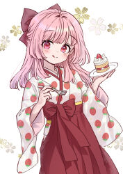 Rule 34 | 1girl, :q, ama-tou, blunt ends, blush, bow, brown bow, brown hakama, cake, cowboy shot, dessert, dot nose, eating, floating hair, floral background, floral print, food, food print, fork, fruit, hair bow, hair intakes, hakama, hakama skirt, half updo, hands up, highres, hime cut, holding, holding food, holding fork, holding plate, japanese clothes, kimono, long hair, long sleeves, looking at viewer, looking to the side, original, pink eyes, plate, print kimono, red bow, red eyes, red hakama, sakuramon, simple background, skirt, solo, standing, strawberry, strawberry print, strawberry shortcake, tareme, texture, tongue, tongue out, w arms, whipped cream, white background, white kimono, wide sleeves