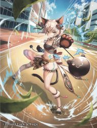 Rule 34 | animal ears, animal hands, ankleband, ball and chain (weapon), blue sky, breasts, brown eyes, building, cat ears, cat tail, cloud, copyright name, crosswalk, day, fighting stance, gloves, hair ornament, lamppost, leaf, light brown hair, luck &amp; logic, mito itsuki, navel, nina alexandrovna, official art, outdoors, paw gloves, road, short hair, sky, small breasts, solo, standing, tail, tassel, tattoo, wind