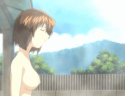 Rule 34 | 00s, 1girl, animated, animated gif, bob cut, bouncing breasts, breasts, brown eyes, brown hair, cloud, day, closed eyes, from side, green green, iino chigusa, lowres, medium breasts, mountain, mountainous horizon, nipples, non-web source, nude, onsen, outdoors, screencap, short hair, sky, solo, steam, teacher, topless, tree