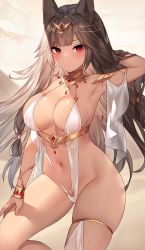 Rule 34 | 1girl, animal ears, arm behind head, arm up, armlet, armpits, bare shoulders, blush, bracelet, breasts, brown hair, cat ears, circlet, cleavage, highres, jewelry, large breasts, long hair, looking at viewer, navel, neck ring, one-piece swimsuit, original, red eyes, sidelocks, slingshot swimsuit, solo, sora 72-iro, swimsuit, thighs, white one-piece swimsuit, white slingshot swimsuit