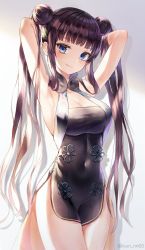 Rule 34 | 1girl, armpits, arms behind head, arms up, bad id, bad pixiv id, black dress, blue eyes, blunt bangs, blush, breasts, brown hair, cleavage, cleavage cutout, closed mouth, clothing cutout, covered navel, cowboy shot, double bun, dress, fate/grand order, fate (series), grey background, hair bun, hair ornament, hairclip, large breasts, long hair, looking at viewer, meliyannn, side slit, sidelocks, sleeveless, sleeveless dress, smile, solo, thighs, twintails, twitter username, very long hair, yang guifei (fate), yang guifei (first ascension) (fate), yang guifei (fullbokko heroes), yang guifei (second ascension) (fate)