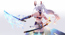 Rule 34 | 1girl, armor, ass, asymmetrical gloves, back, bikini, blue bikini, cowboy shot, crop top, dual wielding, elbow gloves, fate/grand order, fate (series), flaming sword, flaming weapon, floating hair, frilled thighhighs, frills, from behind, gloves, hair ribbon, hidden face, highres, holding, horns, japanese armor, katana, kote, long hair, low-tied long hair, ribbon, see-through, sheath, sheathed, shirabi, solo, swimsuit, sword, thighhighs, tomoe gozen (fate), tomoe gozen (swimsuit saber) (fate), tomoe gozen (swimsuit saber) (third ascension) (fate), uneven gloves, unsheathed, weapon, white thighhighs
