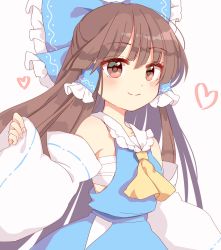 Rule 34 | 1girl, alternate color, bare shoulders, blouse, blue ribbon, blue shirt, blue skirt, blush, bow, breasts, brown eyes, brown hair, detached sleeves, frilled shirt collar, frills, hair bow, hair tubes, hakurei reimu, heart, highres, large bow, long hair, looking at viewer, medium breasts, one-hour drawing challenge, ribbon, sarashi, shirt, skirt, sleeves past wrists, smile, solo, touhou, very long hair, wide sleeves, yellow neckwear, yururi nano