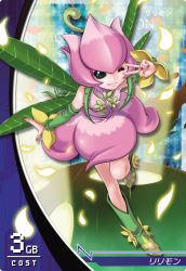 Rule 34 | 1girl, bare shoulders, boots, digimon, digimon (creature), digimon jintrix, dress, female focus, flower, green eyes, lilimon, nail polish, official art, one eye closed, petals, smile, solo, tagme, v, wings, wink