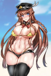 Rule 34 | 1girl, abs, absurdres, areola slip, armlet, arms behind back, bare shoulders, bikini, black shorts, black thighhighs, blackshock, blue eyes, blue sky, blush, braid, breasts, brown hair, cleavage, day, detached collar, gggg, granblue fantasy, hat, hat feather, highleg, highleg bikini, highres, large areolae, large breasts, lecia (granblue fantasy), long hair, looking at viewer, micro shorts, navel, parted lips, peaked cap, shorts, sky, smile, solo, swimsuit, thighhighs, thighs, yellow bikini