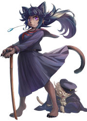 Rule 34 | 1boy, 1girl, :3, animal ears, barefoot, black hair, brown fur, cat ears, cat tail, coat, doitsuken, fingernails, floating hair, furry, furry female, furry male, gakuran, hat, holding, holding sword, holding weapon, lifted by tail, long hair, long sleeves, looking at viewer, mouth hold, original, pleated skirt, purple eyes, purple sailor collar, purple serafuku, purple shirt, purple skirt, sailor collar, school uniform, serafuku, sharp fingernails, shirt, simple background, skirt, slit pupils, smile, smug, solo focus, stalk in mouth, sword, tail, weapon, whiskers, white background, wooden sword