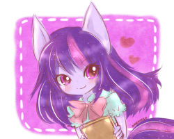 Rule 34 | animal ears, artist name, blouse, blue shirt, blush, book, bow, commentary, eyelashes, heart, holding, holding book, horse ears, horse tail, long hair, my little pony, my little pony: equestria girls, my little pony: friendship is magic, neko baby, personification, princess twilight sparkle, purple eyes, purple hair, red bow, shirt, simple background, smile, solo, tail, twilight sparkle, upper body