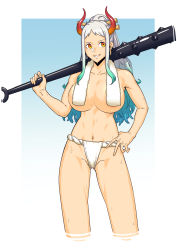 Rule 34 | 1girl, absurdres, breasts, club, club (weapon), collarbone, convenient censoring, cowboy shot, dyun, fundoshi, gradient background, gun, hand on own hip, highres, holding, holding gun, holding weapon, horns, japanese clothes, kanabou, large breasts, long hair, looking at viewer, multicolored hair, navel, one piece, oni, orange eyes, over shoulder, smile, solo, spiked club, standing, stomach, topless, towel, towel around neck, two-tone hair, weapon, weapon over shoulder, wet, white hair, yamato (one piece)