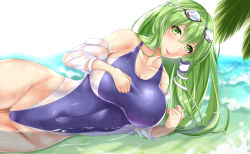 Rule 34 | 1girl, blue one-piece swimsuit, breasts, cleavage, competition swimsuit, frog hair ornament, goggles, goggles on head, green eyes, green hair, hair ornament, highleg, highleg swimsuit, highres, kochiya sanae, large breasts, long hair, lying, on side, one-piece swimsuit, oxfirecar, partially submerged, snake hair ornament, solo, swimsuit, touhou, water
