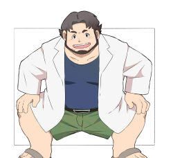 Rule 34 | 1boy, :d, bara, beard, belly, birch (pokemon), blue shirt, brown hair, commentary request, creatures (company), facial hair, fat, fat man, game freak, green shorts, hands on own knees, highres, jinnta4014, lab coat, looking at viewer, male focus, mature male, nintendo, open mouth, pokemon, pokemon rse, sandals, shirt, short hair, shorts, smile, solo, squatting, thick eyebrows